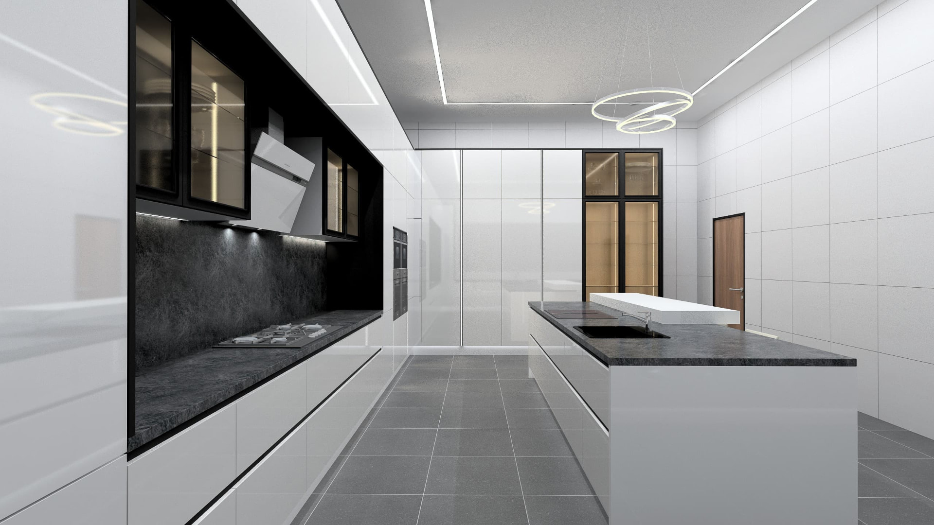 Galley kitchen with dark stone splashback and slim island