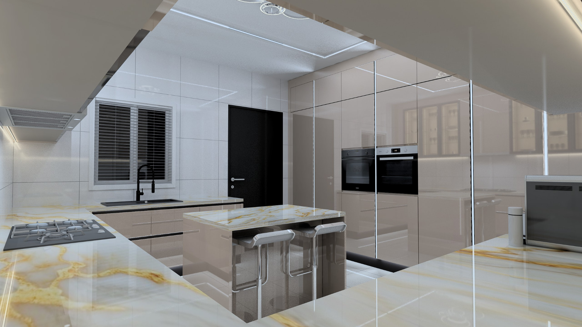Gloss kitchen with marble bar island and stools