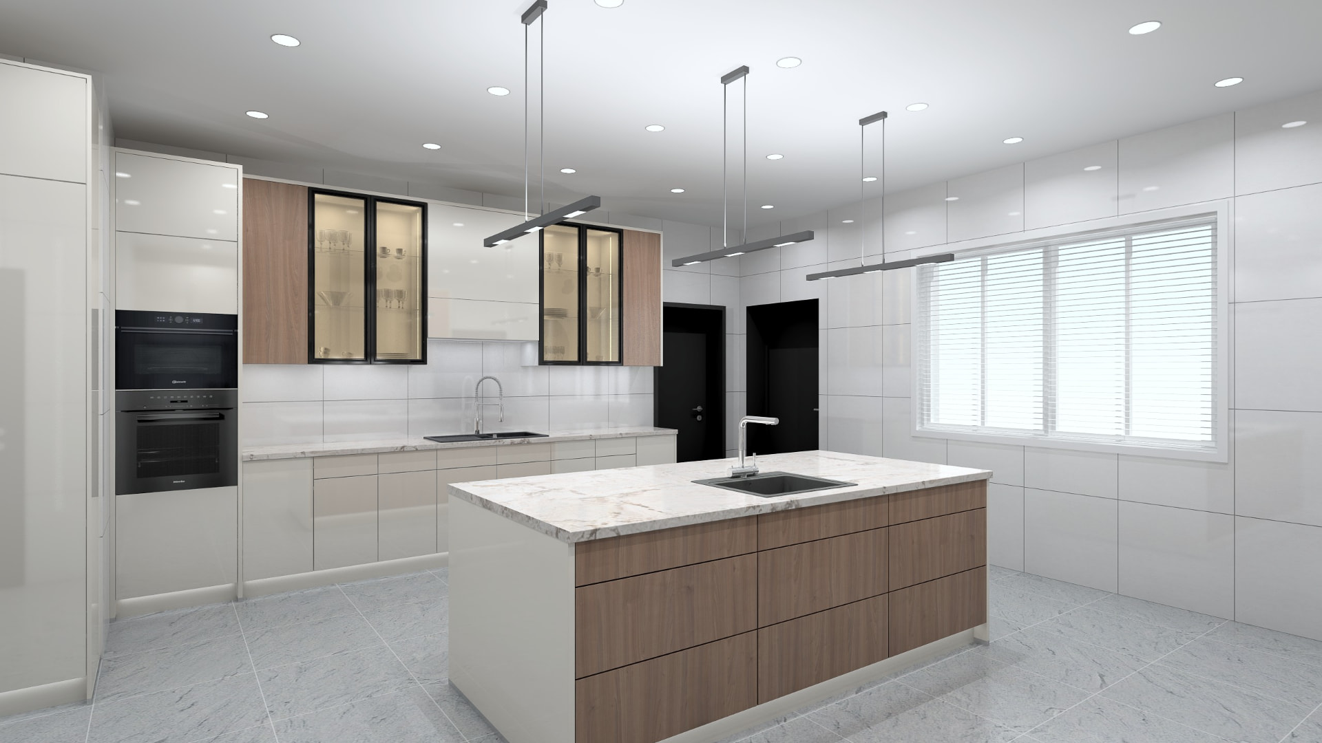 White kitchen with oak island and marble worktop
