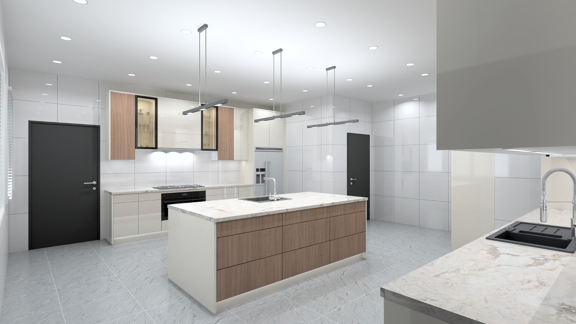 Open plan kitchen with cream cabinets and oak island