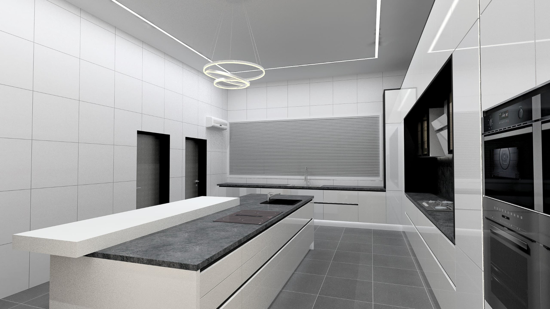 Monochrome kitchen with black marble island and bronze glass cabinets