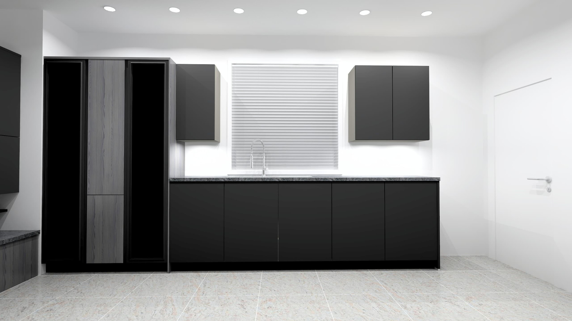 Matte black kitchen run with granite worktop