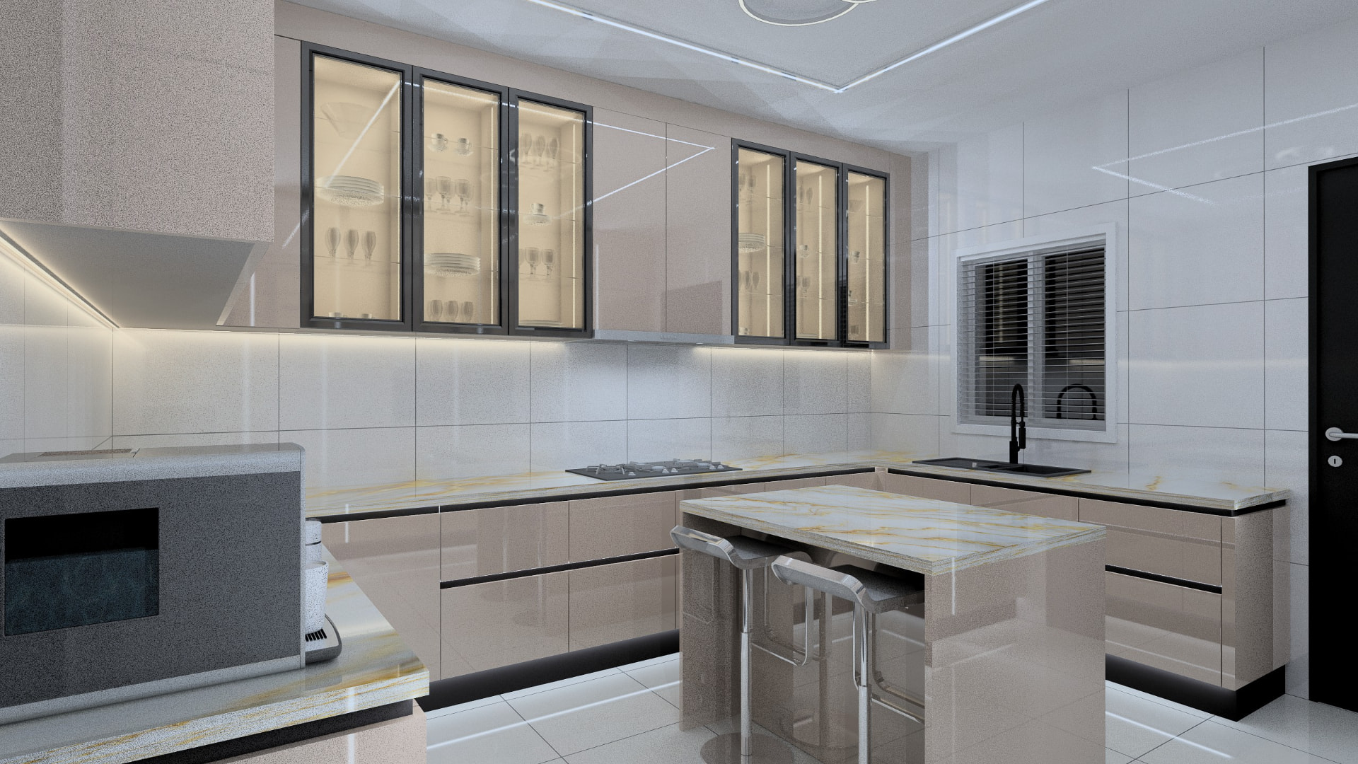 Cappuccino gloss L-shaped kitchen with marble worktop