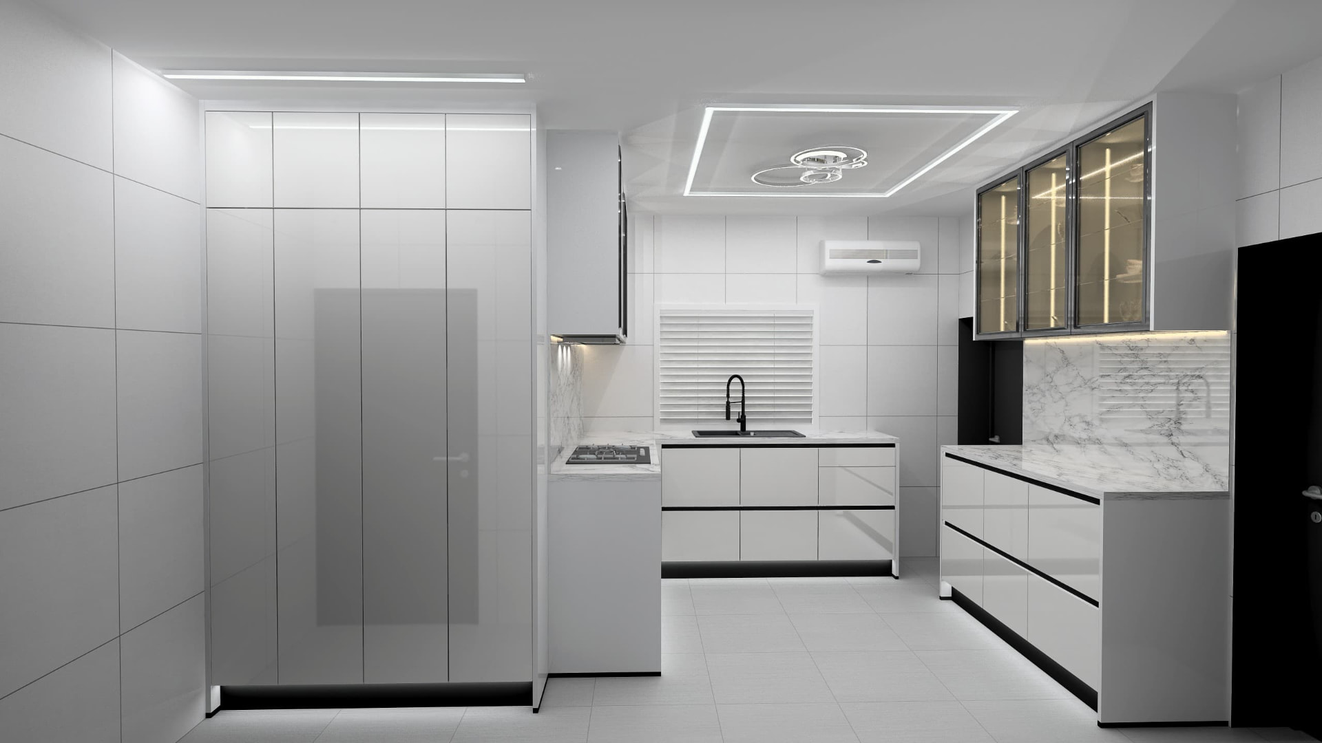 White corner kitchen with marble splashback and black trims