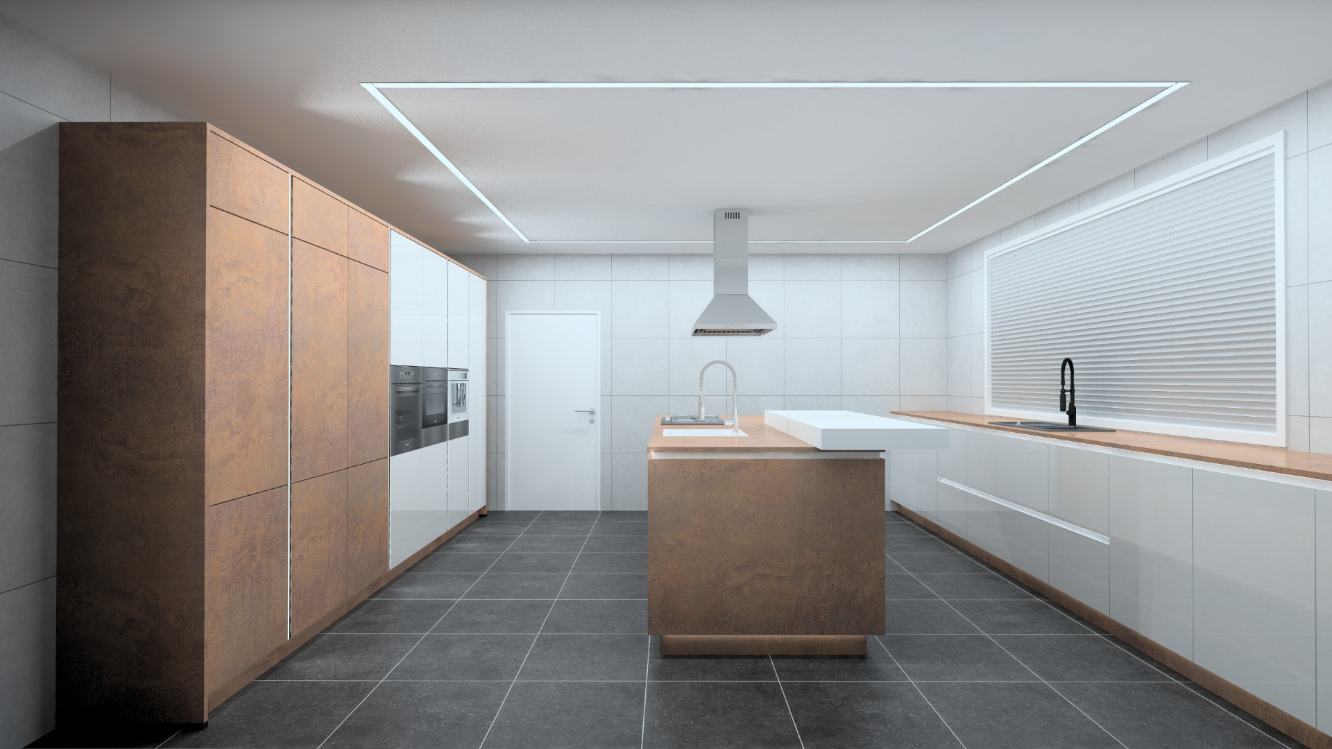 Copper textured kitchen island with white cabinetry