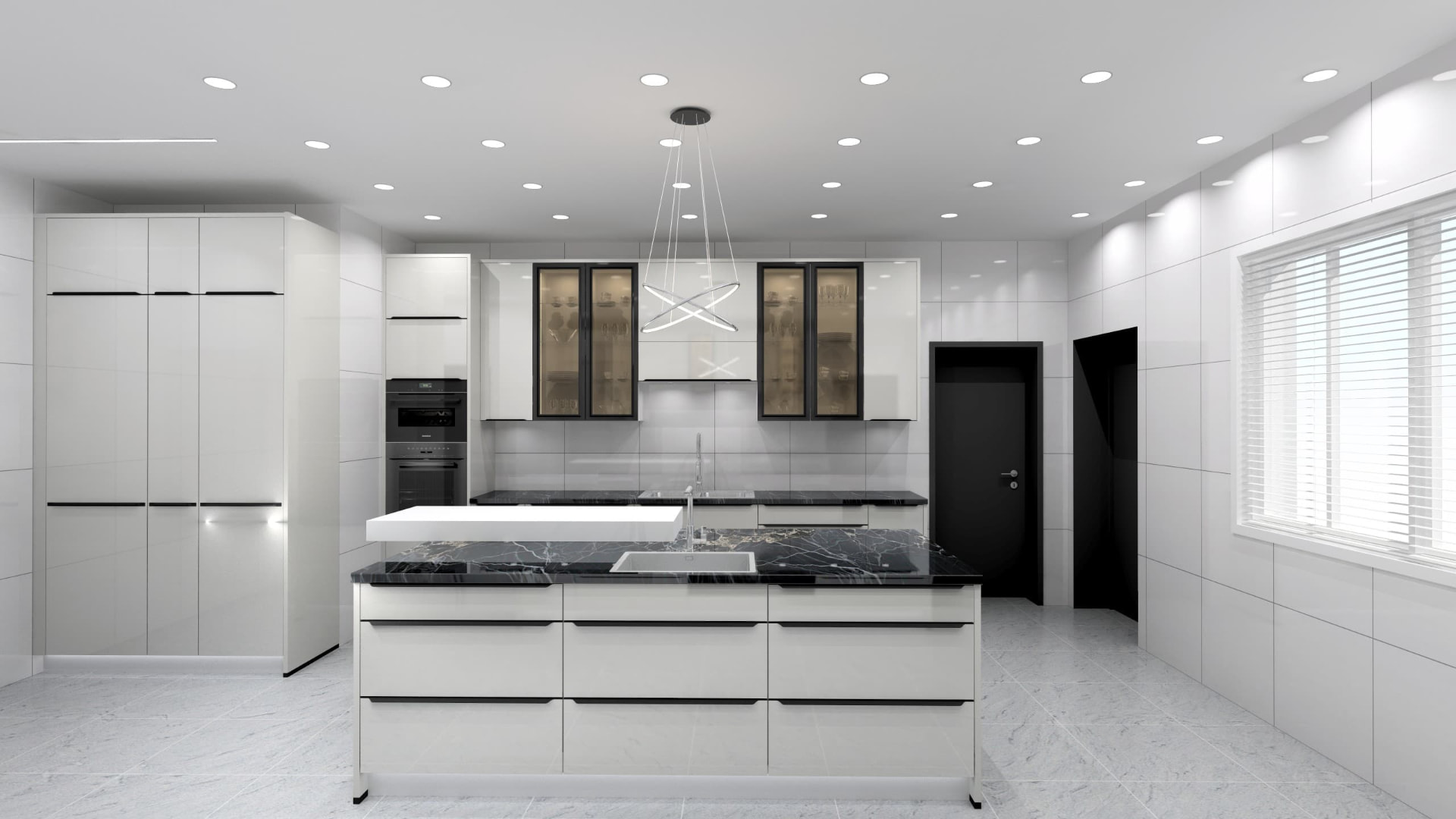Grey and white chef kitchen with long stone island