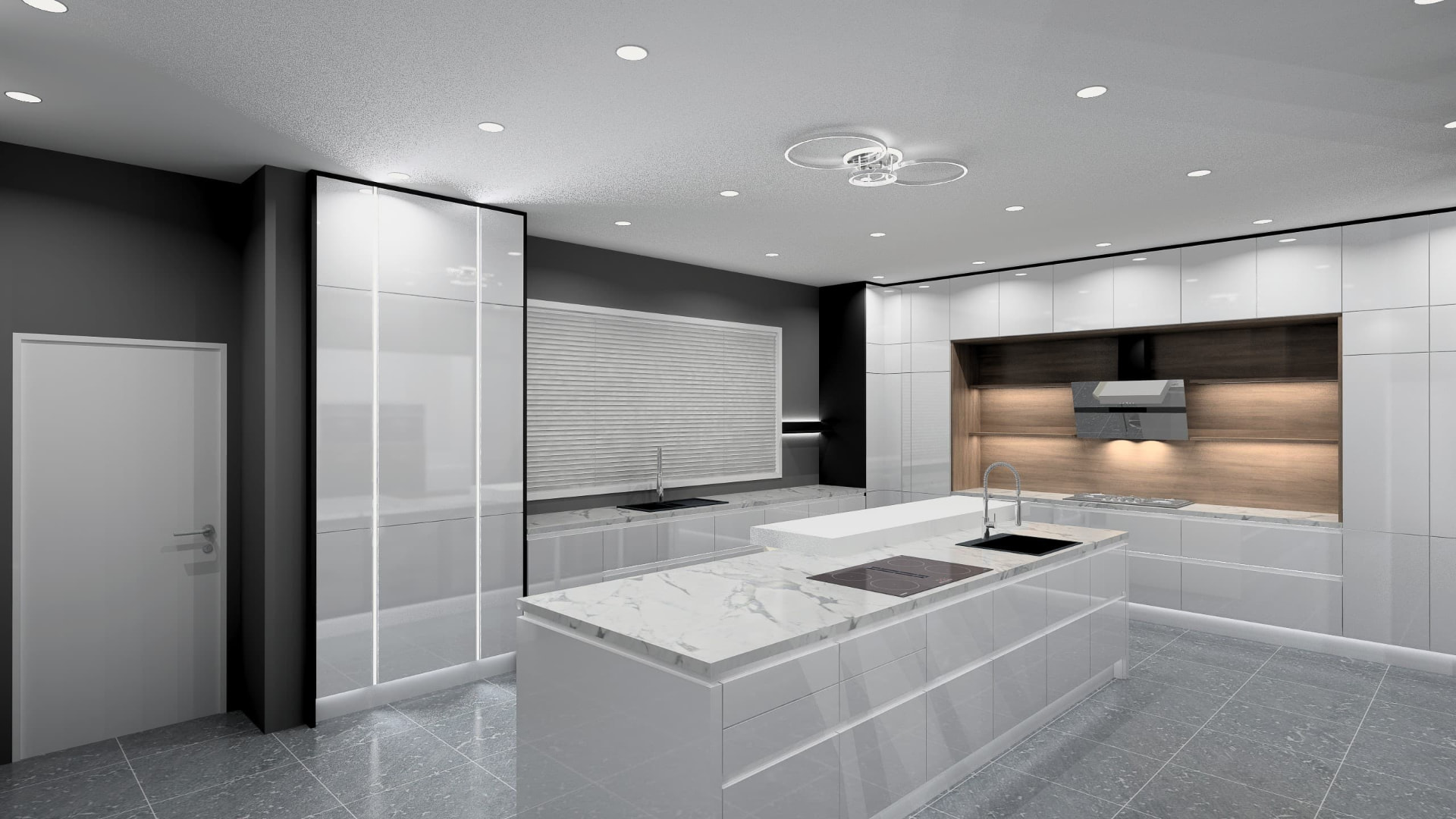Woodgrain and grey fitted kitchen with marble island and glass display cabinets