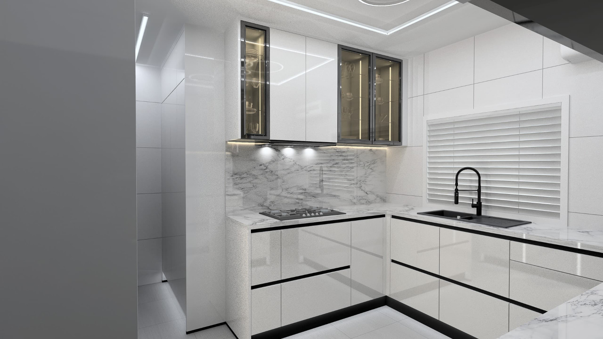 Compact white L-shaped kitchen with tall larder unit
