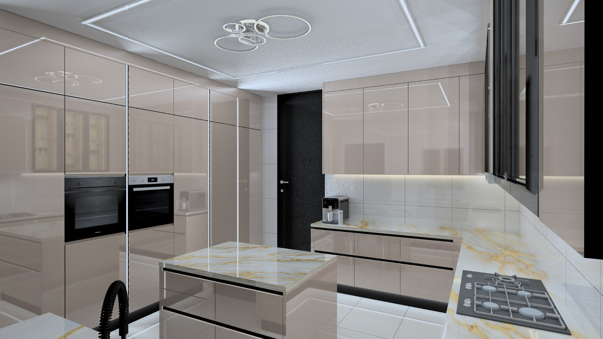 Latte gloss galley kitchen with prep island
