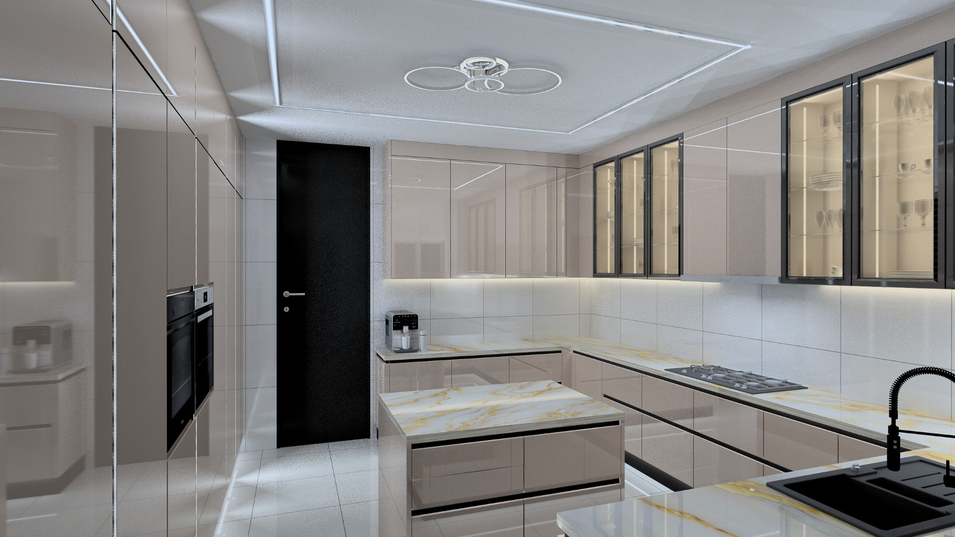 Pearl gloss U-shaped kitchen with island