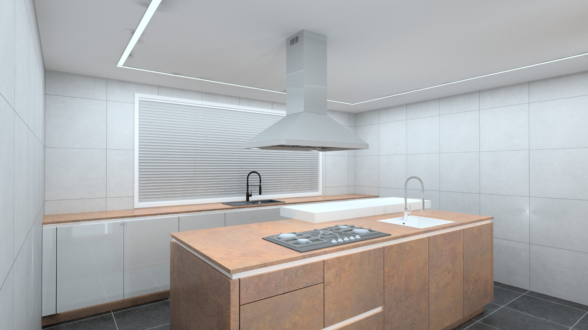 Terracotta stone island kitchen with gas hob