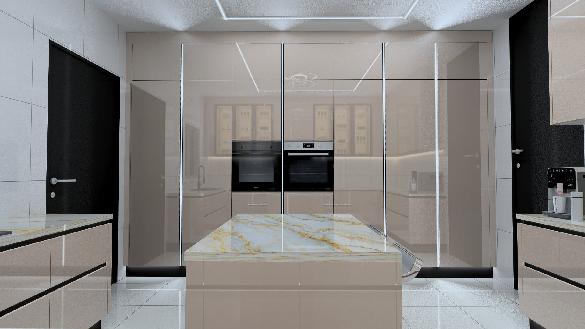Tall gloss kitchen storage wall with built-in ovens
