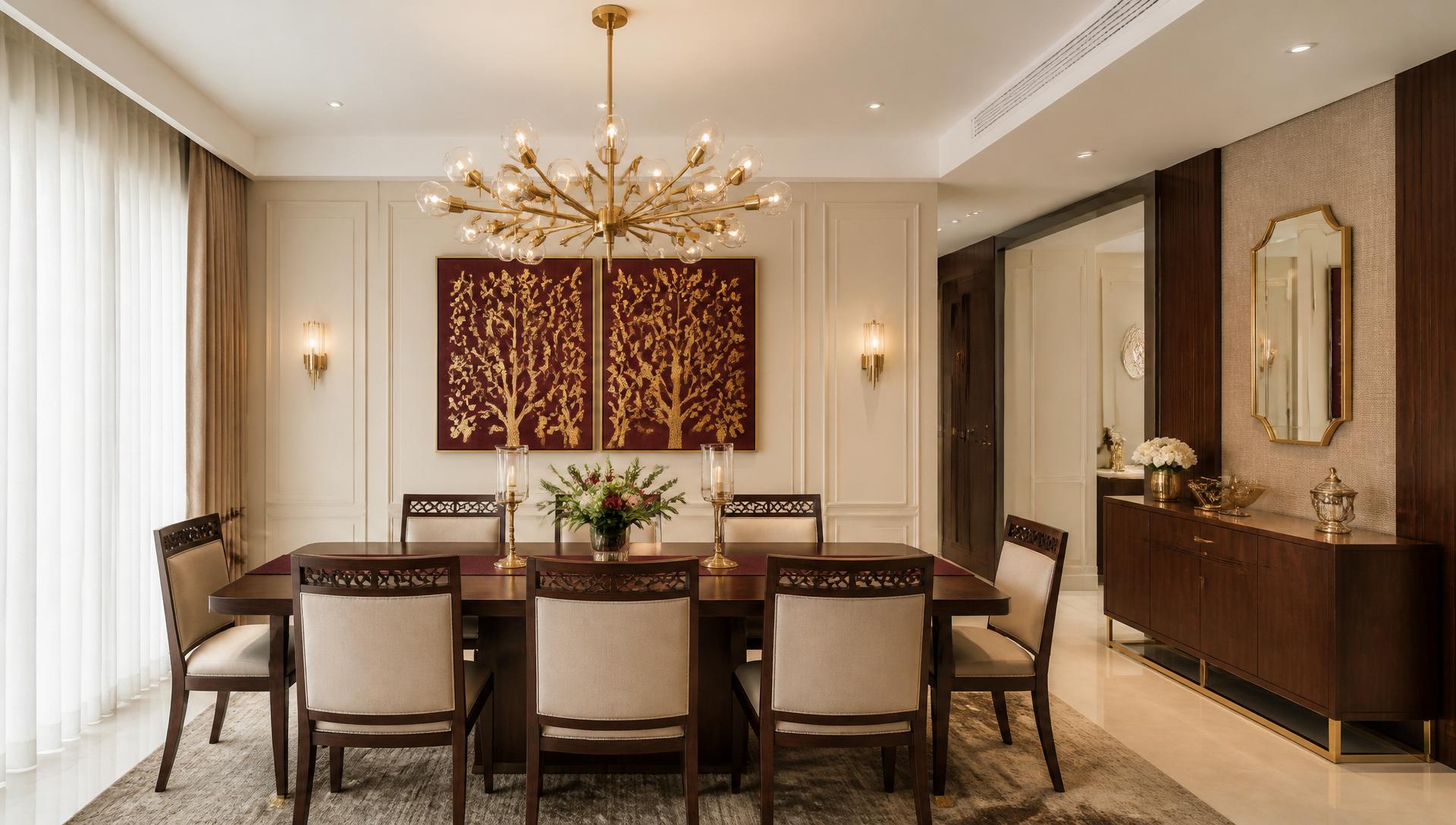 Premium dining room with wooden dining set and gold chandelier